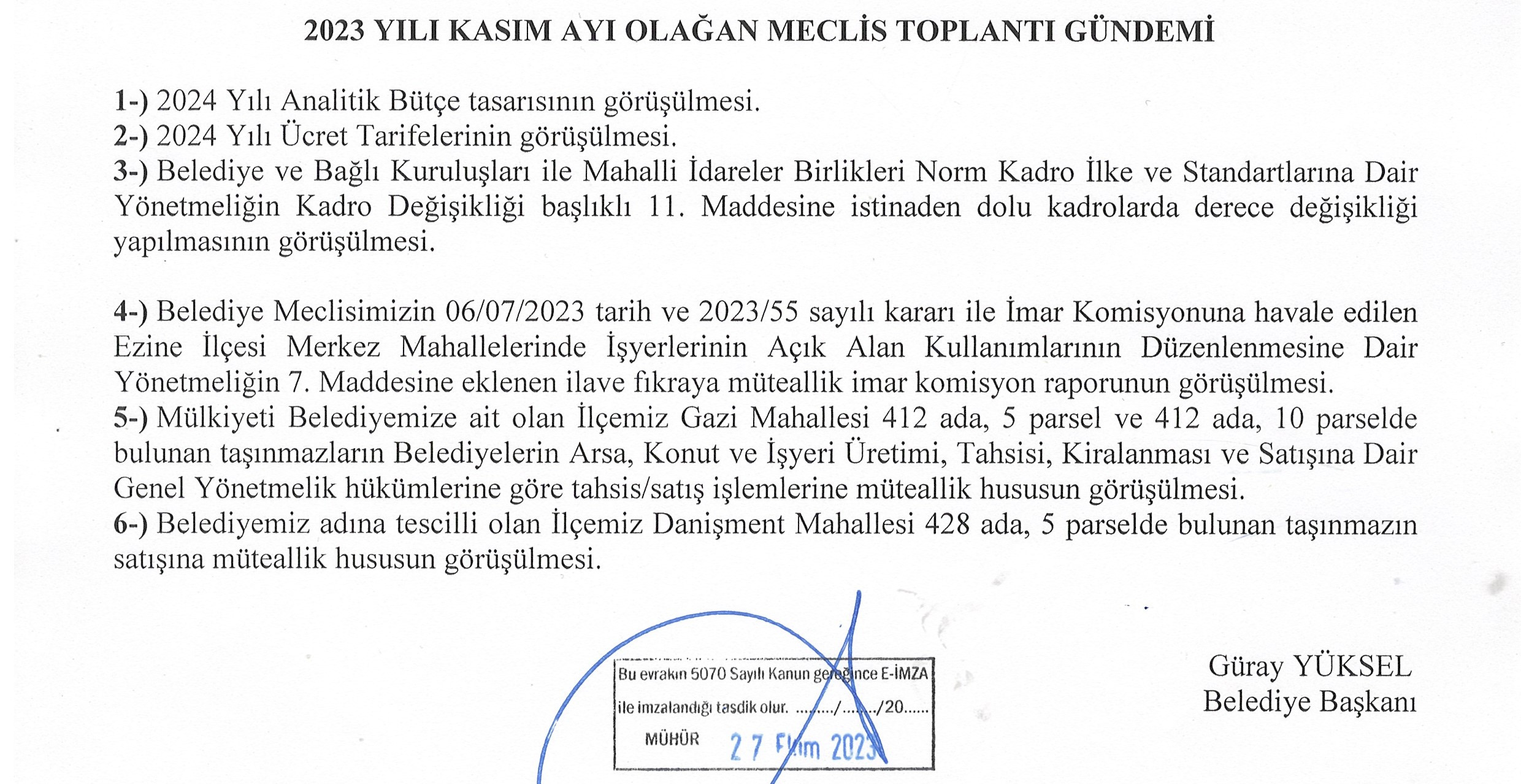 2023 YILI KASIM AYI OLAĞAN MECLİS TOPLANTI GÜNDEMİ