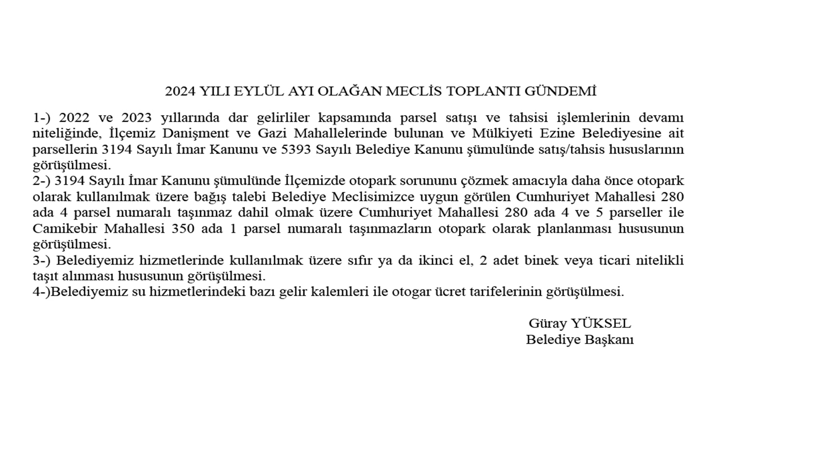 2024 Yılı Eylül Ayı Olağan Meclis Toplantı Gündemi
